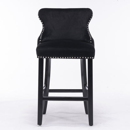 Contemporary Velvet Upholstered Wing-Back Barstools With Button Tufted Decoration And Wooden Legs, And Chrome Nailhead Trim, Leisure Style Bar Chairs, Bar Stools (Set of 4) - Black