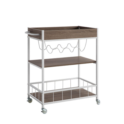 Rolling Kitchen Cart With Three Tier Storage And Four Wine Bottle Rack - Brown / White Metal
