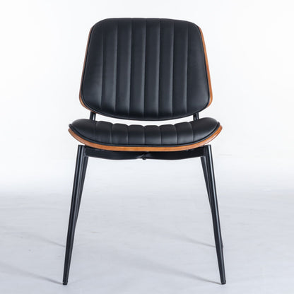 Dining Chairs Mid-Century Modern Retro Faux Leather Chair With Walnut Bentwood Back Upholstered Seat Metal Legs Adjustable Foot For Kitchen Dining Room Chairs (Set of 2) - Black