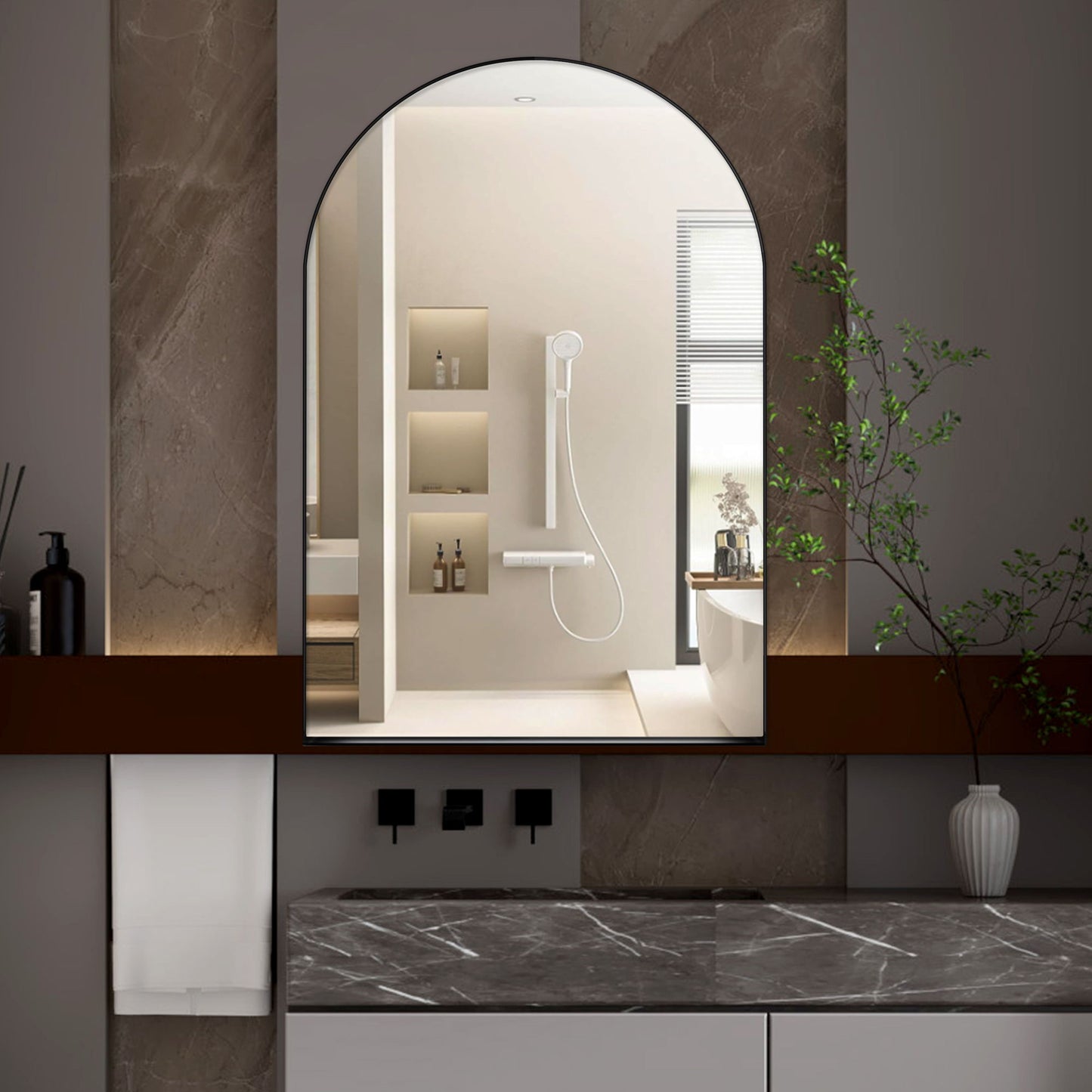 Arched Recessed Medicine Cabinet, Metal Framed Bathroom Wall Cabinet With Mirror And Adjustable Shelves, Wall Mirror With Storage For Bathroom - Matte Black