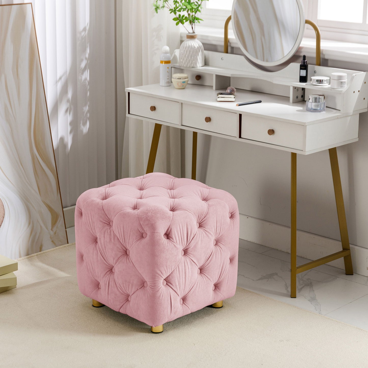 Modern Velvet Upholstered Ottoman, Exquisite Small End Table, Soft Foot Stool, Dressing Makeup Chair, Comfortable Seat For Living Room, Bedroom, Entrance - Pink