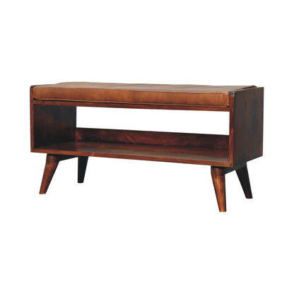 Bench With Brown Leather Seatpad - Chestnut