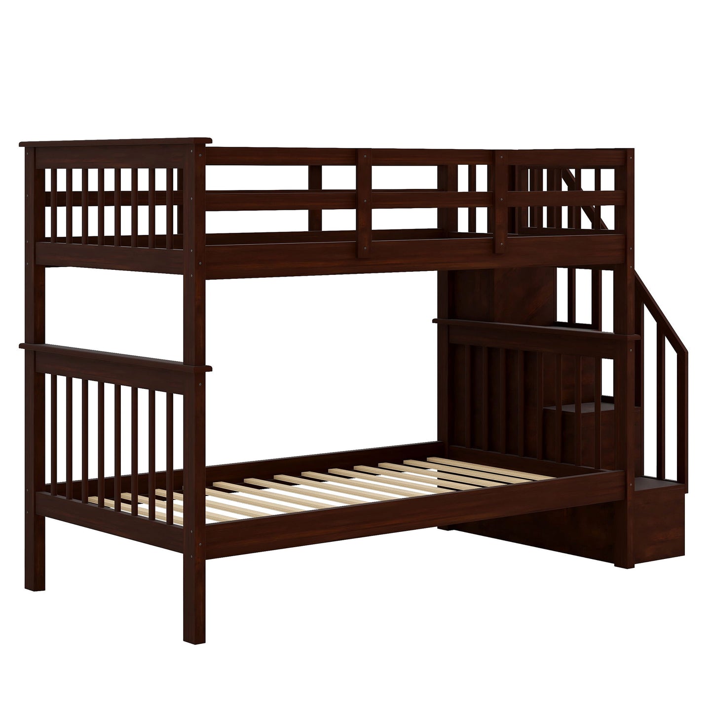 Twin Over Twin Stairway Bunk Bed With Storage And Guard Rail For Bedroom - Espresso