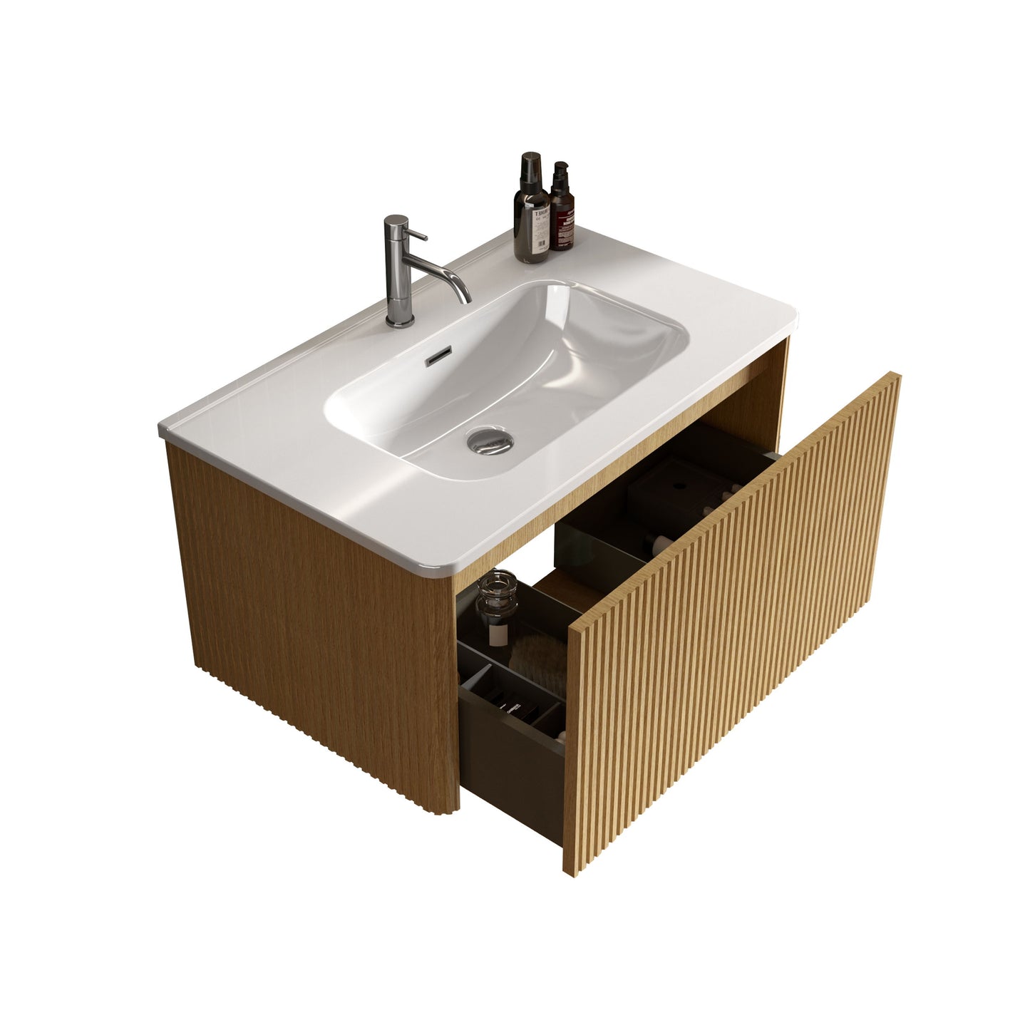 Etna - Striped Natural Oak Bathroom Vanity With White Ceramic Sink, Wall Mounted Floating Bathroom Vanity For Modern Bathroom, One-Piece White Basin Without Drain - White / Oak