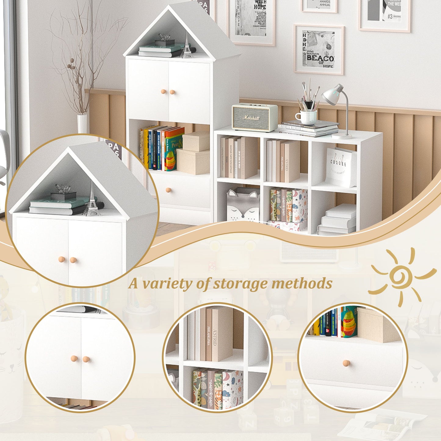 Versatile Kids Bookshelf With House-Shaped Design Multifunctional Storage, Durable - White