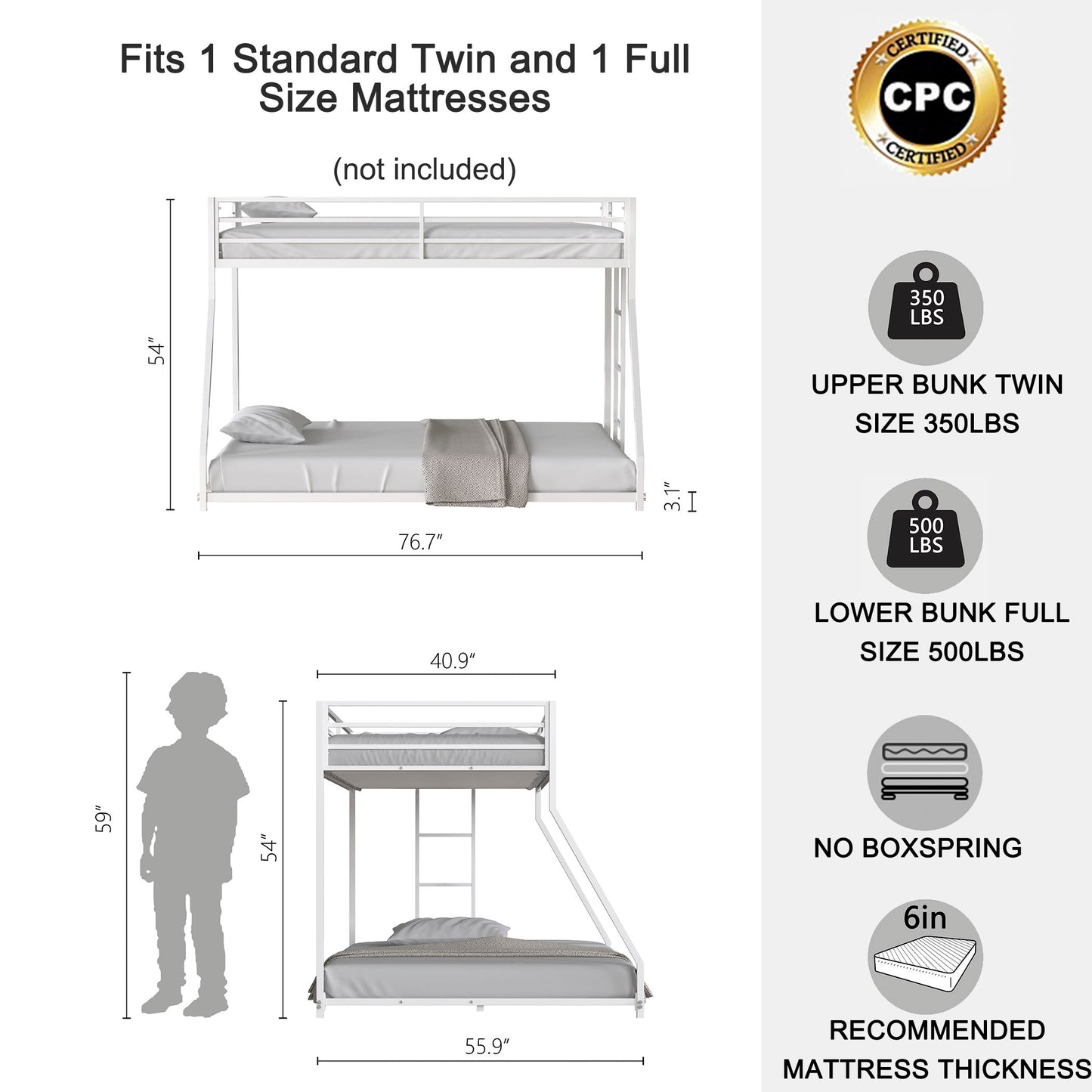 Adam - Twin Over Full Metal Bunk Bed - White
