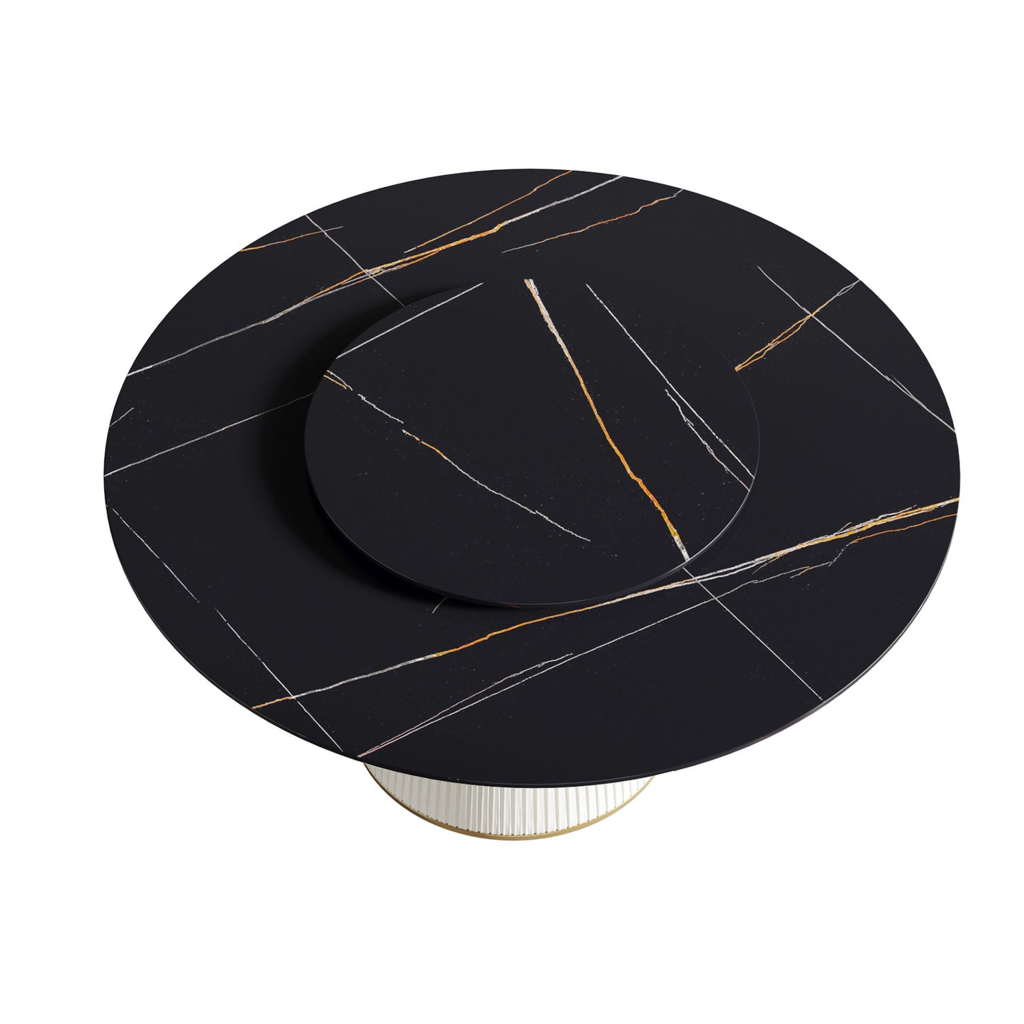 Modern Artificial Stone Round Plywood Base Dining Table, Can Accommodate 8 People Artificial Stone Turntable (Not Including Chairs) - Black / Beige