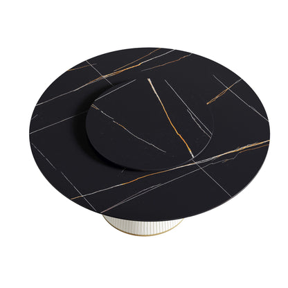 Modern Artificial Stone Round Plywood Base Dining Table, Can Accommodate 8 People Artificial Stone Turntable (Not Including Chairs) - Black / Beige