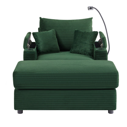 Modern Style Single Sofa Sofa Couch With Storage Space, A Movable Ottoman, Two USB Ports, Two Cup Holders, A Phone Holder For Living Room - Green