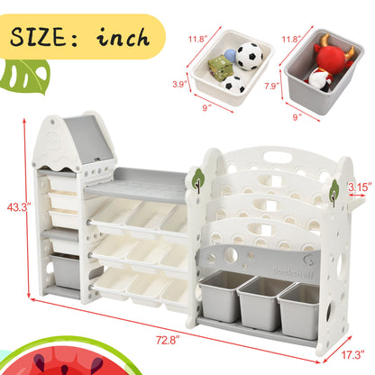 Kids Bookshelf Toy Storage Organizer With 17 Bins And 5 Bookshelves, Multi-Functional Nursery Organizer Kids Furniture Set Toy Storage Cabinet Unit With HDPE SheLF And Bins - Gray