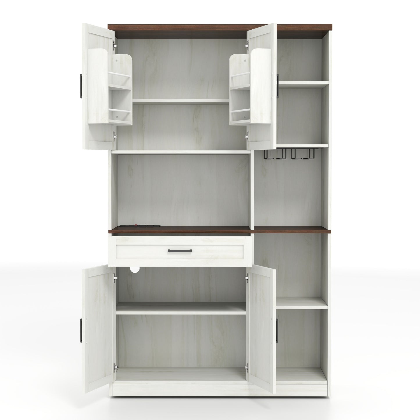 Farmhouse Kitchen Pantry Sideboard With Cabinet And Drawer, Multi Functional Kitchen Buffet With Hutch And Glass Holder, Microwave Stand With Charging Station - Brown / Antique White