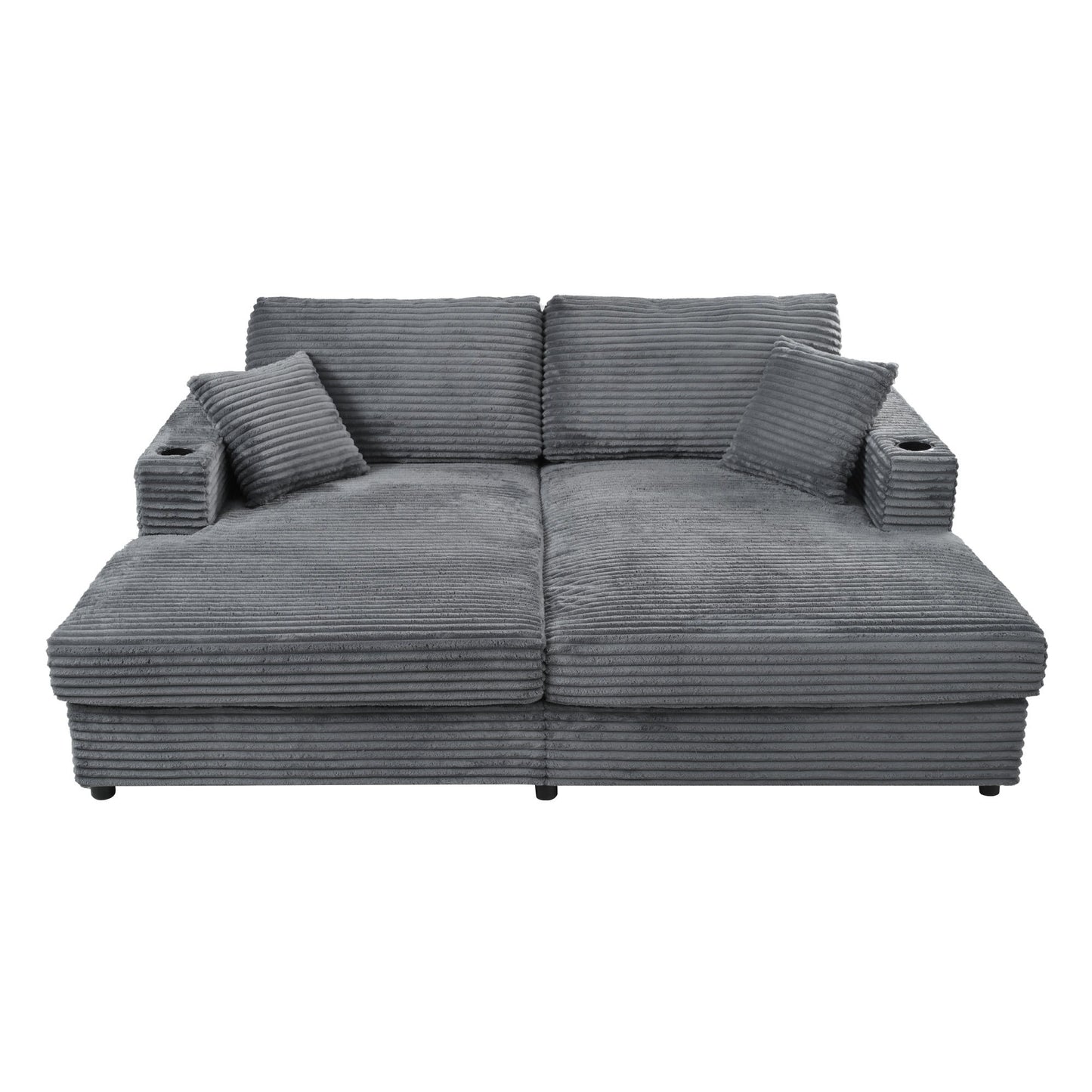 Oversized Loveseat Chaise Lounge Sectional Sofa Bed Corduroy Sleeper Sofa With 2 USB Ports, 2 Cup Holders And 2 Throw Pillows For Living Room And Bedroom - Dark Gray