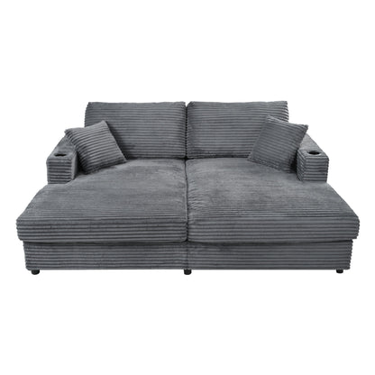 Oversized Loveseat Chaise Lounge Sectional Sofa Bed Corduroy Sleeper Sofa With 2 USB Ports, 2 Cup Holders And 2 Throw Pillows For Living Room And Bedroom - Dark Gray