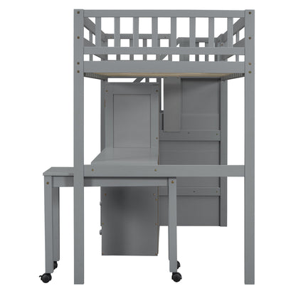 Twin Size Loft Bed With Stairs, Bookshelf, Drawers, Desk & Wardrobe, Space Saving Multifunctional Furniture - Gray
