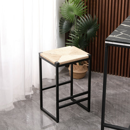 Boho Style Backless Bar Stools (Set of 2) With Paper Rope Woven Seat & Metal Frame For Kitchen Counter - Natural