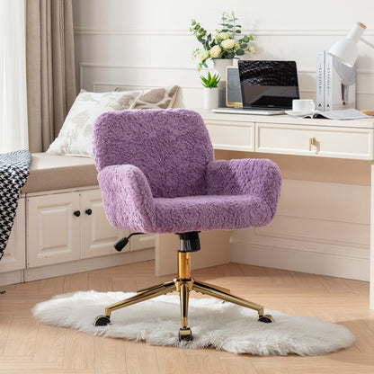 Office Chair, Artificial Rabbit Hair Home Office Chair With Golden Metal Base, Adjustable Desk Chair Swivel Office Chair, Vanity Chair - Violet
