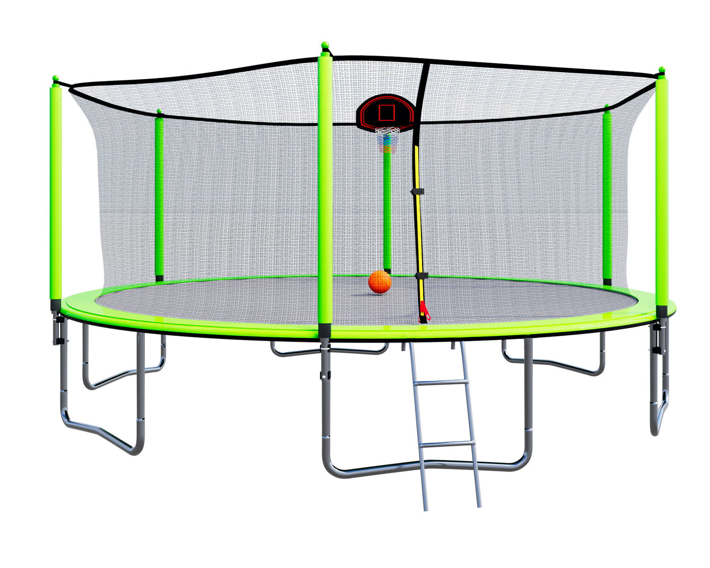15Ft Trampoline With Basketball Hoop Inflator And Ladder (Inner Safety Enclosure) - Green