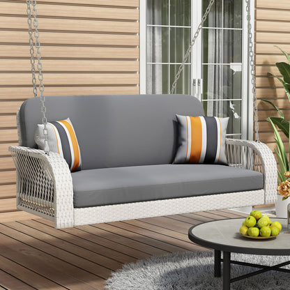 PE Wicker Porch Swing, 2 Seater Hanging Bench With Chains, Patio Furniture Swing For Backyard Garden Poolside - White / Gray