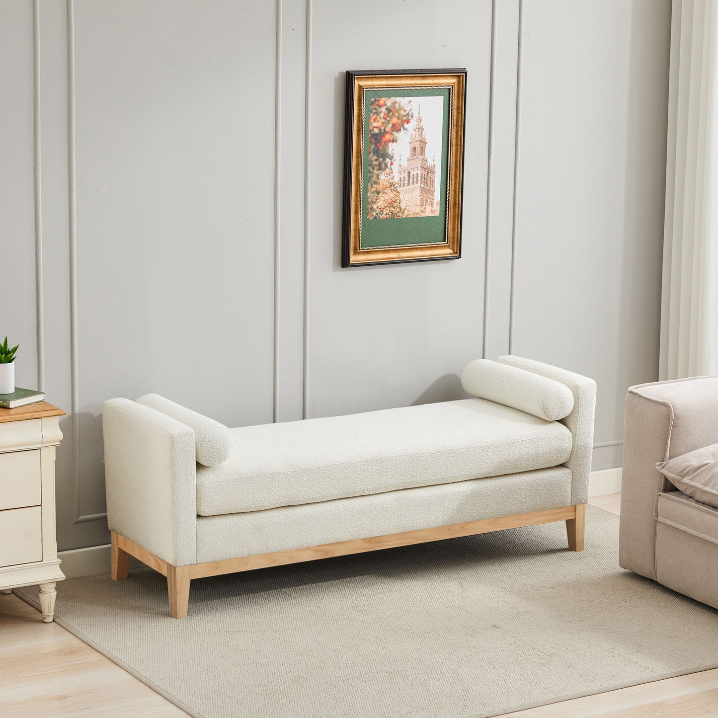 Elegant Upholstered Bench Daybed Ottoman With Nature Wood Legs & Bolster Pillows - Ivory Boucle