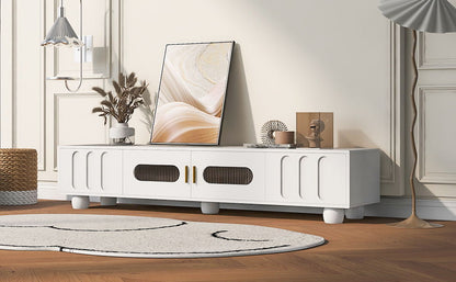 Modern TV Stand For TVs Up To 80", Entertainment Center With Glass Door, 2 Drawers And Cabinets, Wood TV Storage Cabinet With Solid Wood Legs And Metal Handles For Living Room - White