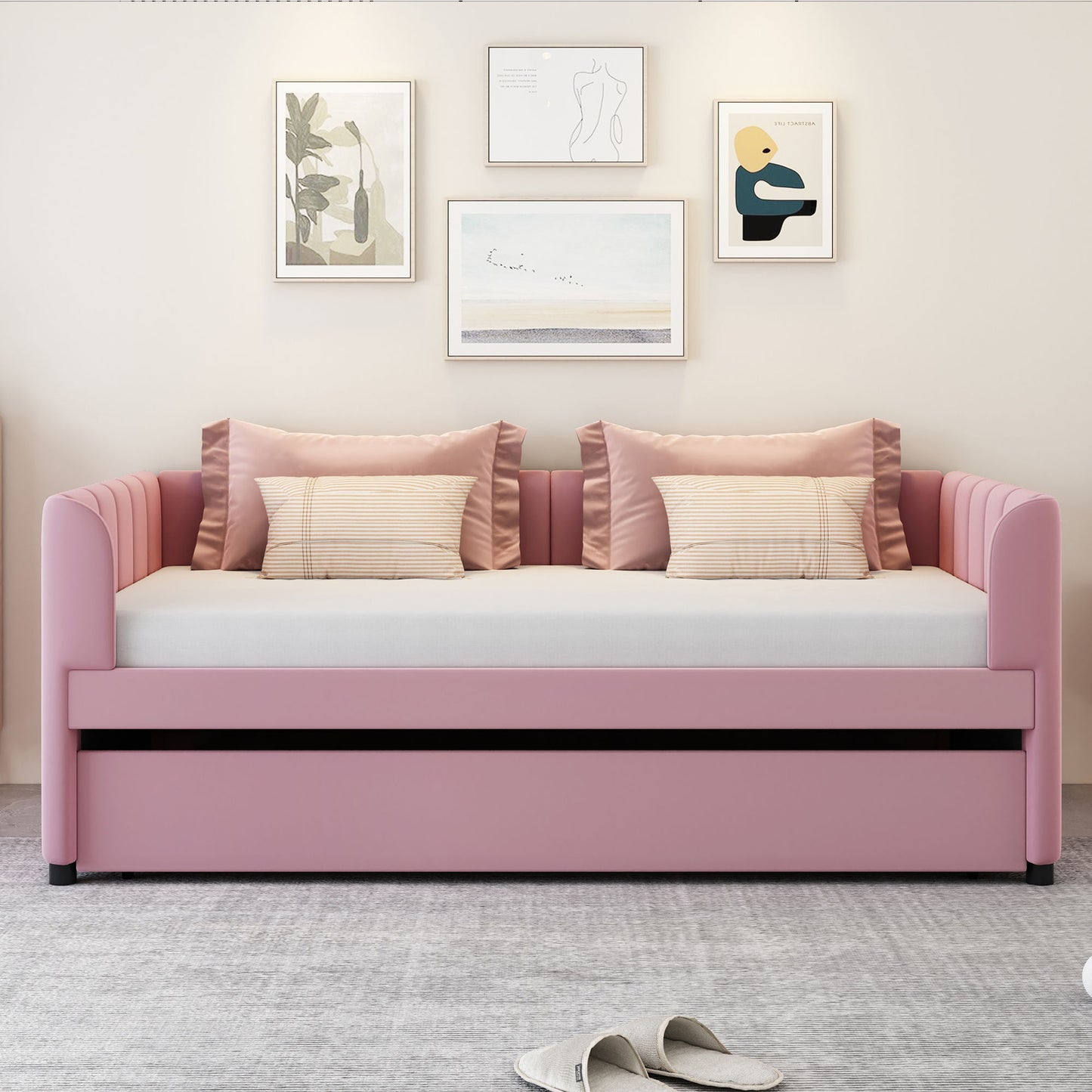 Twin Size Upholstered Daybed With Ergonomic Design Backrest And Trundle - Pink