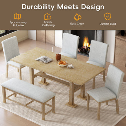 Topmax - 6 Piece Farmhouse Extendable Dining Table Set Trestle Kitchen Table Set With Removable Leaf And Upholstered Dining Chair And Bench For Dining Room - Natural