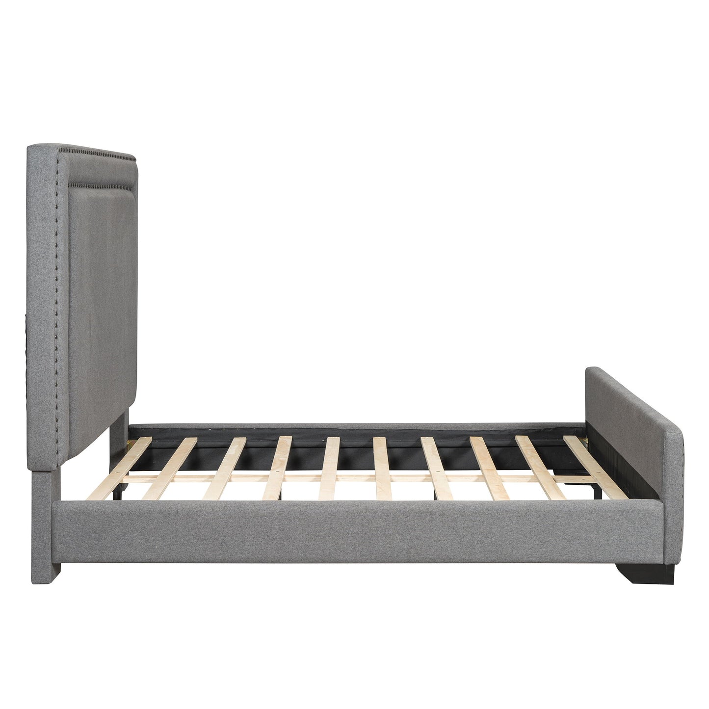 Queen Size Upholstered Bed With Slats Support, No Box Spring Needed - Gray