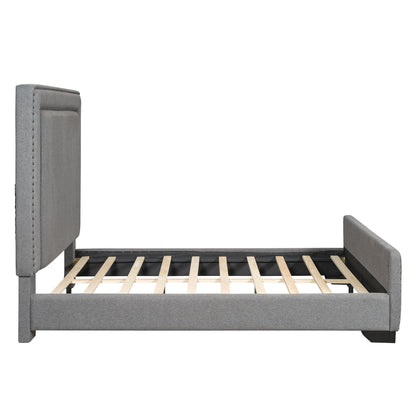 Queen Size Upholstered Bed With Slats Support, No Box Spring Needed - Gray