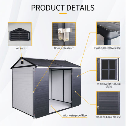 8 X 6 Ft Resin Outdoor Storage Shed Waterproof Shed With Floor & Two Windows & Lockable Door, Tool Shed For Garden, Patio, Backyard - Gray / White