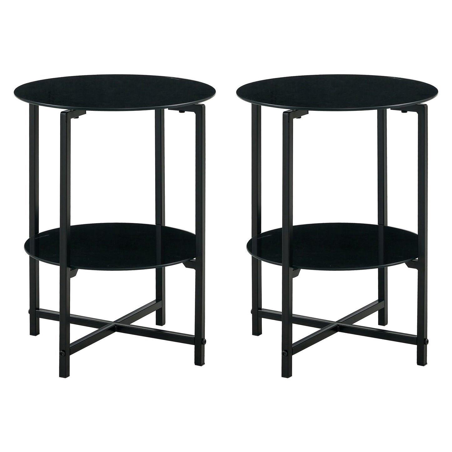 Tempered Glass End Table (Set of 2), Round Coffee Table For Bedroom Living Room Office - Black
