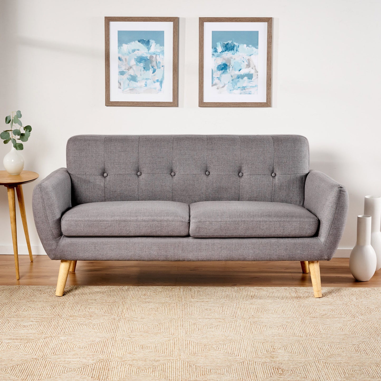 Mid Century Modern Loveseat Sofa With Button Tufted Backrest - Dark Gray