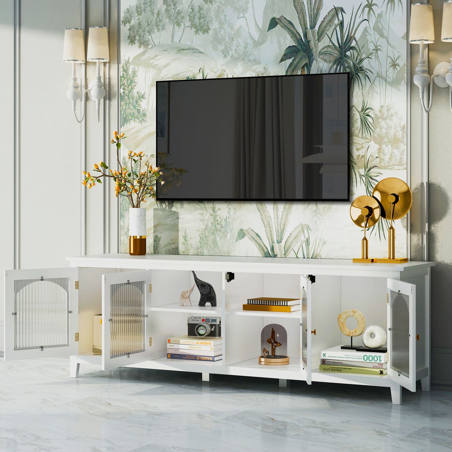 StylishTVcabinet, Entertainment CenterTV Stand, TVconsoletable, Media Console, Solidwood Frame, Changhong Glass Door, Metal Handle - Antique White