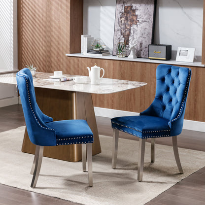 Nikki - Modern, High-End Tufted Solid Wood Contemporary Velvet Upholstered Dining Chair With Chrome Stainless Steel Plating Legs, Nailhead Trim, (Set of 2) - Blue / Chrome