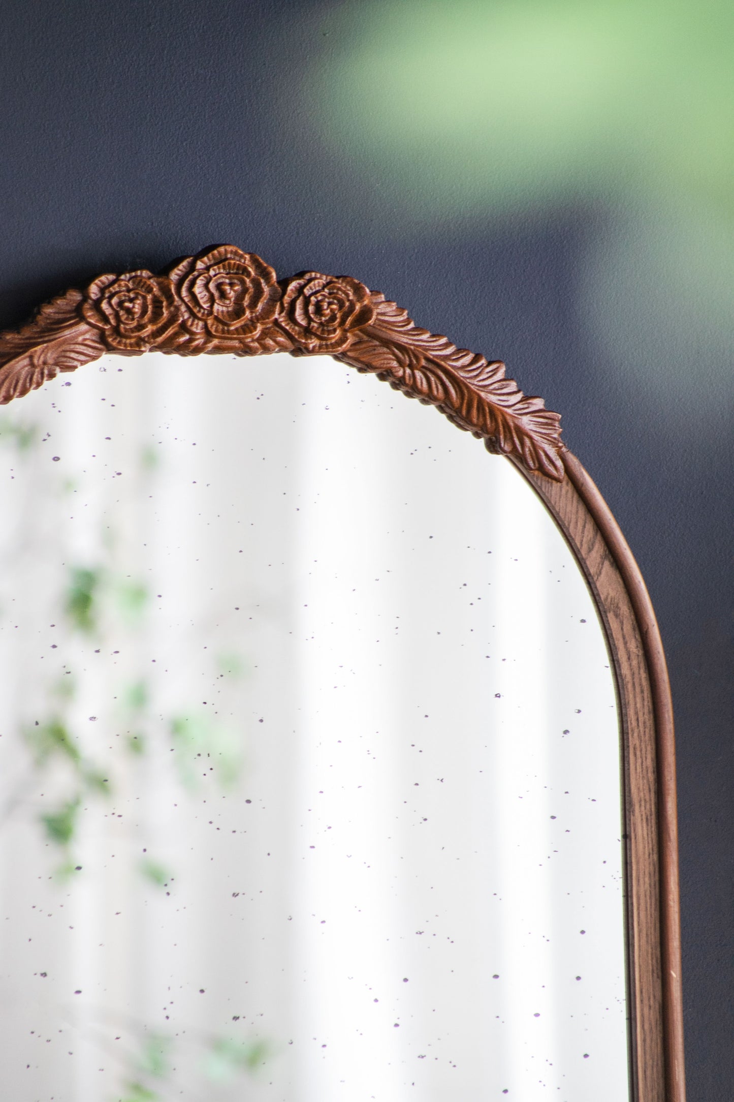 Hand Carved Rose Antique Mirror Frame, Wood Arch Mirror Wall Decor For Living Room, Bathroom, Entryway - Brown