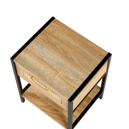 15.74" Rattan End Table With Drawer, Modern Nightstand, Metal Legs, Side Table For Living Room, Bedroom - Natural