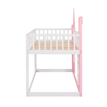Twin Over Twin Castle Bunk Bed With Ladder - Pink