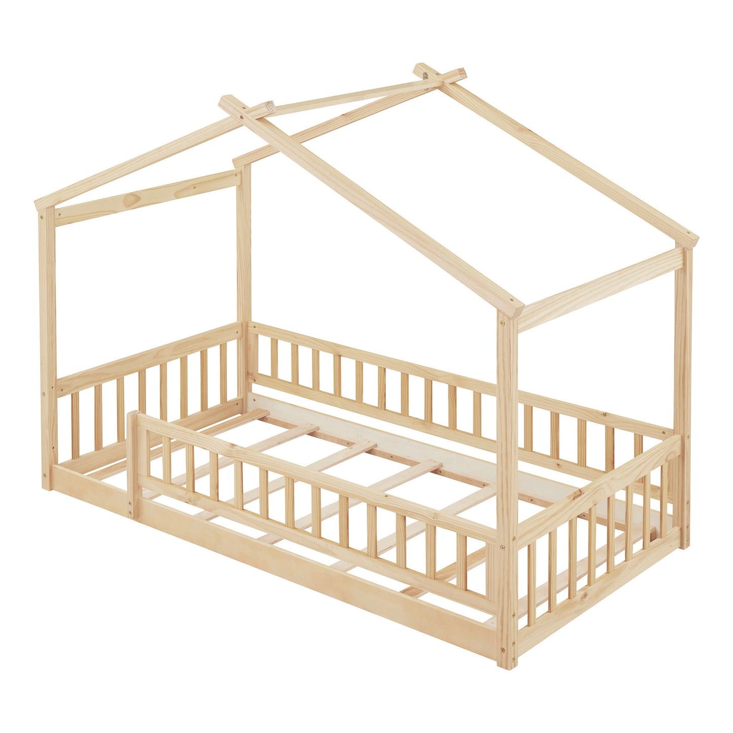 Twin Size Bed House Bed Frame With Fence - Natural