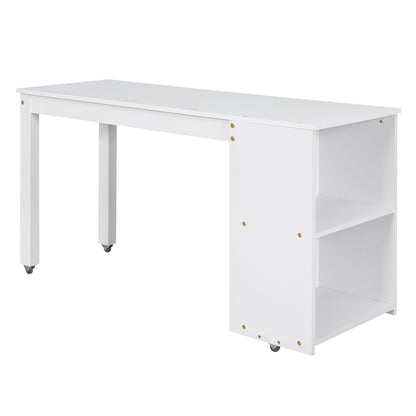 Full Loft Low Study Bed With Cabinet, Shelves And Rolling Portable Desk, Multiple Functions - White