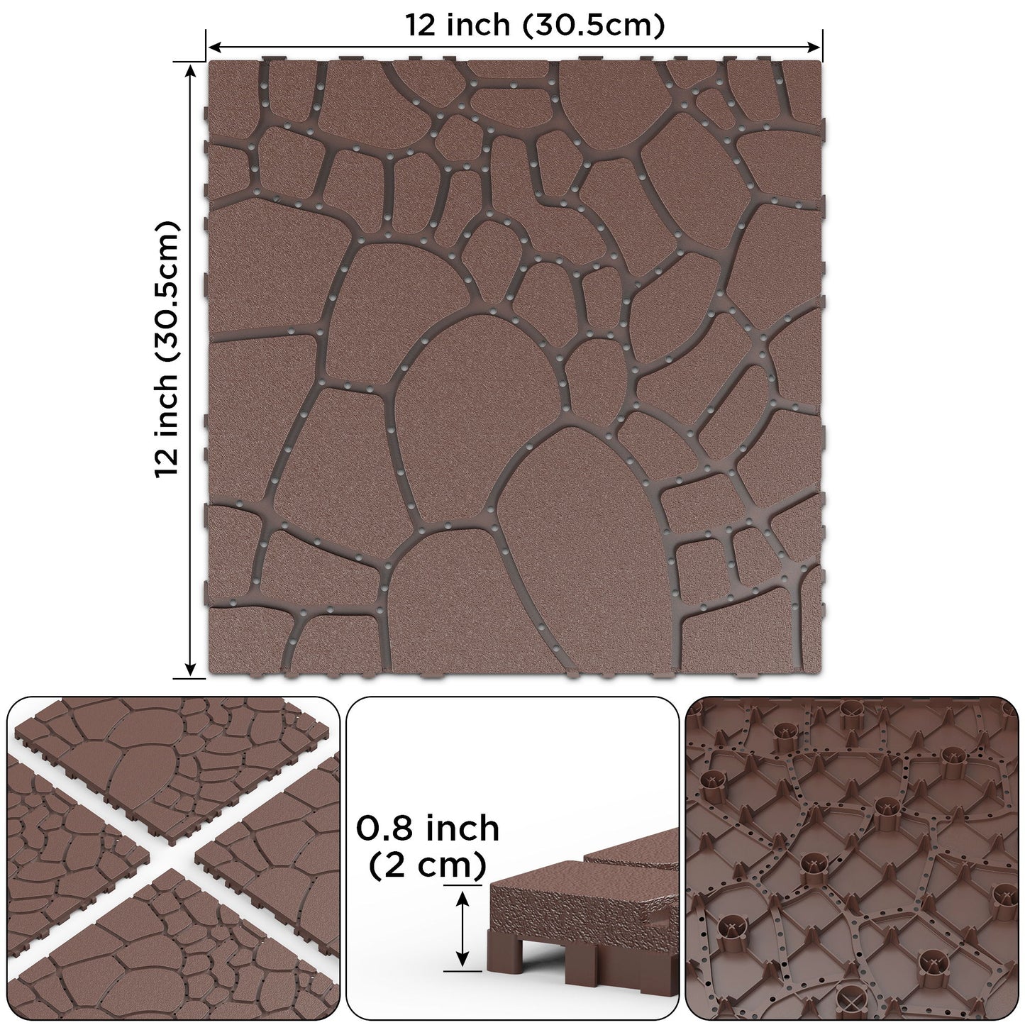 Stone Texture 12" Patio Deck Tiles, Diy - Module Interlocking Decking Tiles Floor Tile, Easy And Quick Installation Court Tiles For Porch Poolside Balcony Backyard 44 Pieces - Red Brown
