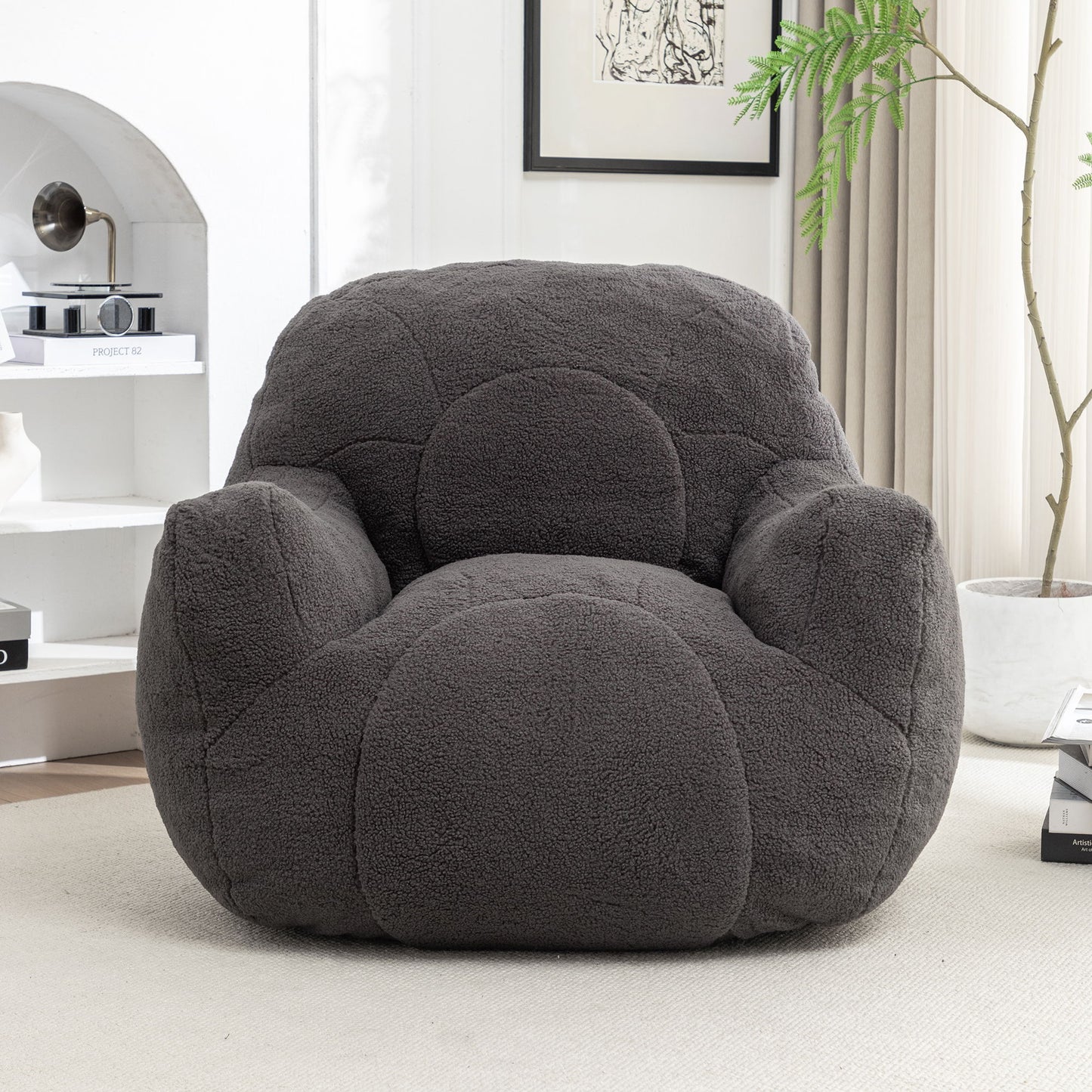 Comfy Bean Bag Chair With Filler, Tufted Memory Foam Sofa Teddy Fabric, Fluffy And Cozy Seating For Dorm, Apartment, Or Living Room - Dark Gray