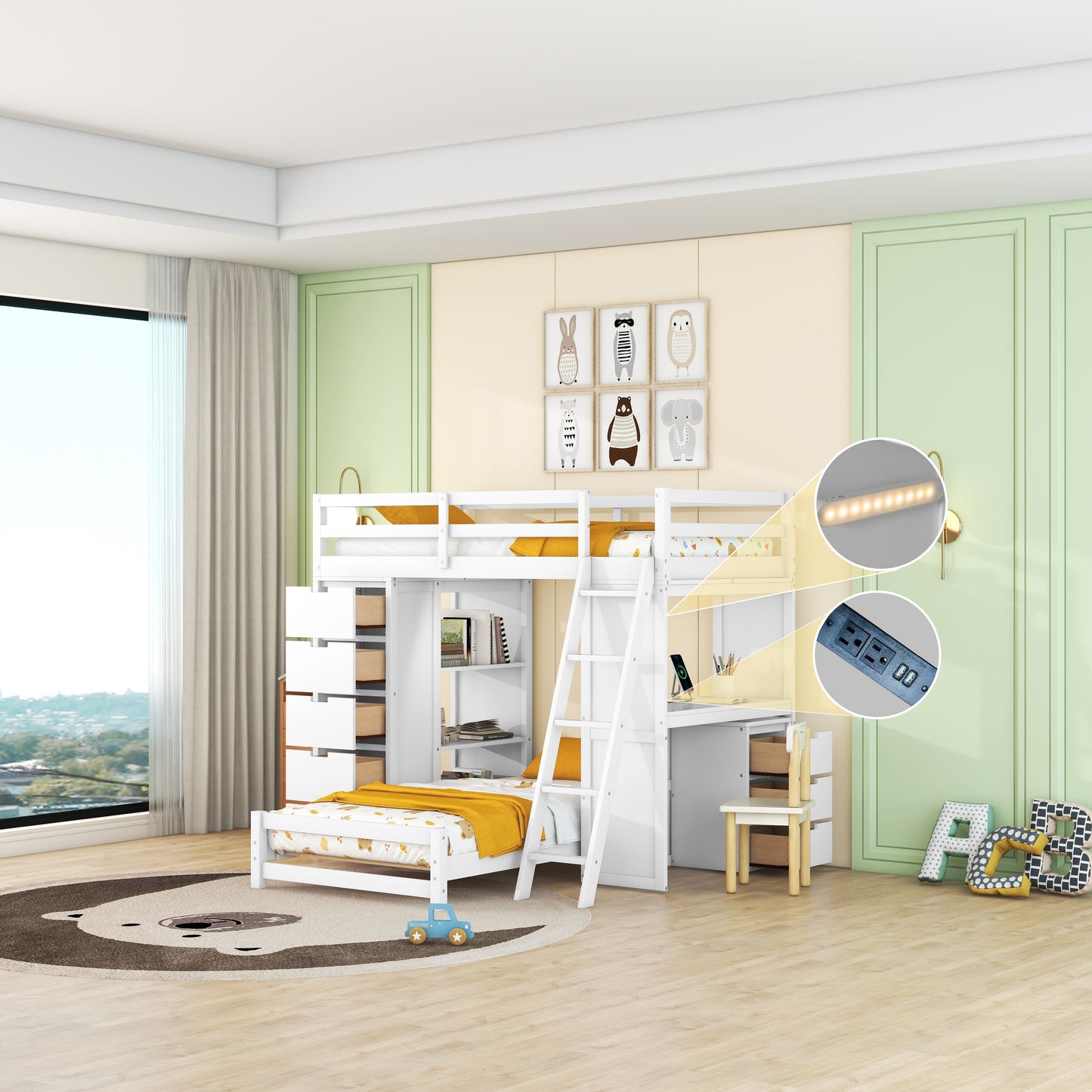 Twin Over Twin Bunk Bed With LED Light And USB Ports - White
