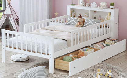 Twin Size Bed With Headboard Storage Rack, 2 Under Bed Drawers, 3 - Side Guardrails For Safety And Security - White