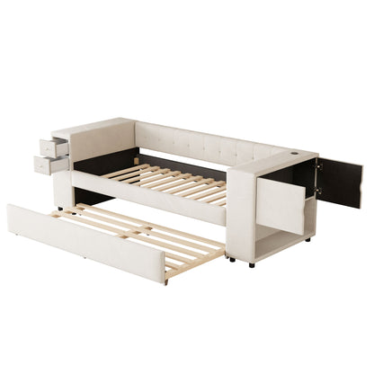 Twin Upholstered Bed With Storage And Twin Trundle, USB Charging Ports - Beige