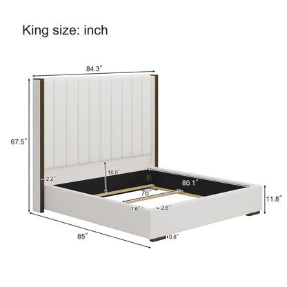 Tall Headboard Upholstered King Size Bed With Vertical Striped And Wingback Design, Box Spring Needed, Linen - Beige