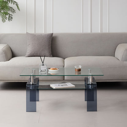 Modern Tempered Glass Coffee Table With 2 Tier Storage And Smoke Legs For Living Room - Transparent