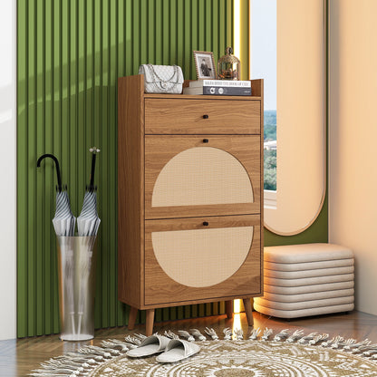 Allen - Rattan 2 Door 1 Drawer Cabinet Shoe Rack For Entrance, Double Layer - Walnut