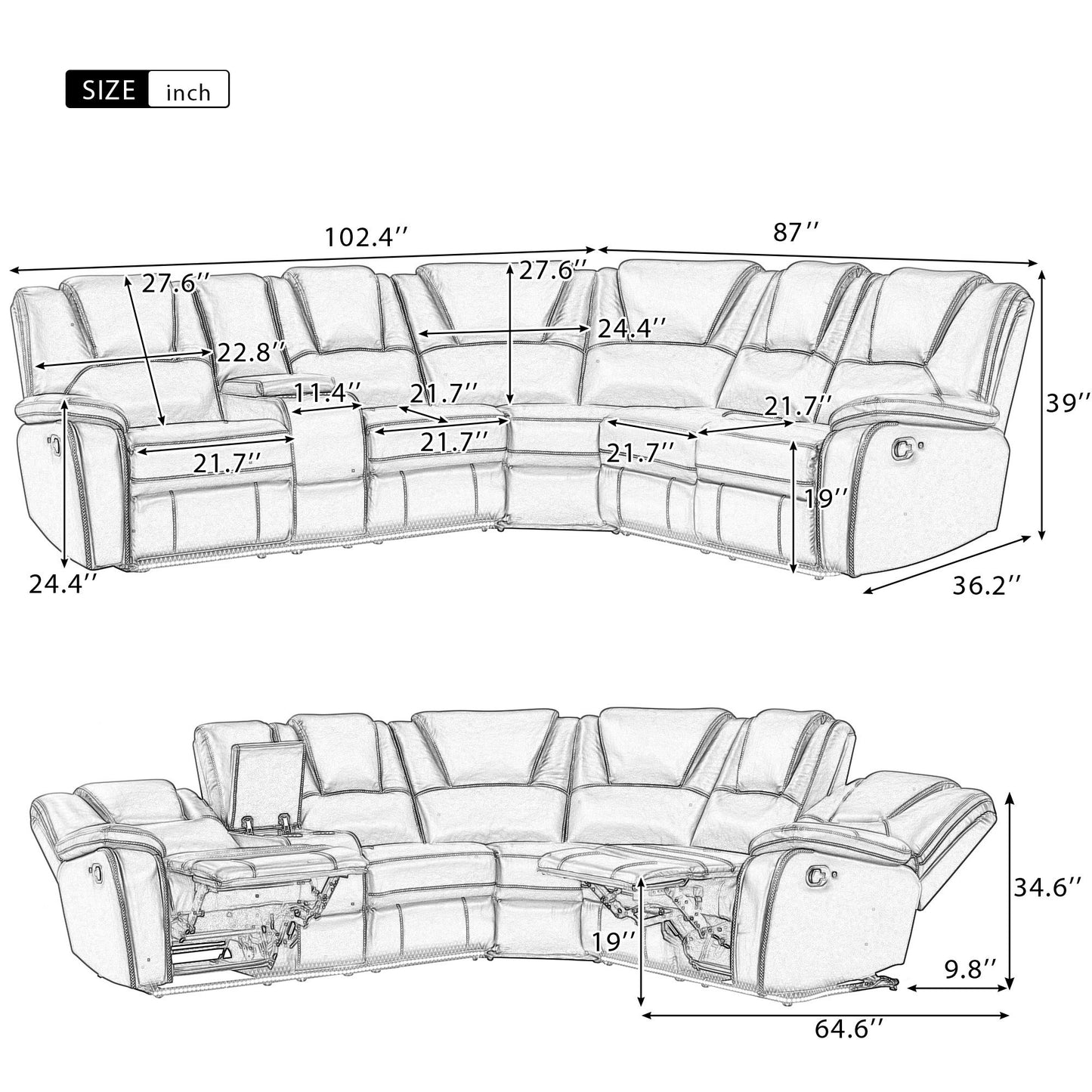 Modern Faux Leather Manual Reclining With Center Console And LED Light Strip, Living Room Furniture Set, Symmetrical Couch With 2 Cup Holders And Storage For Living Room - Brown