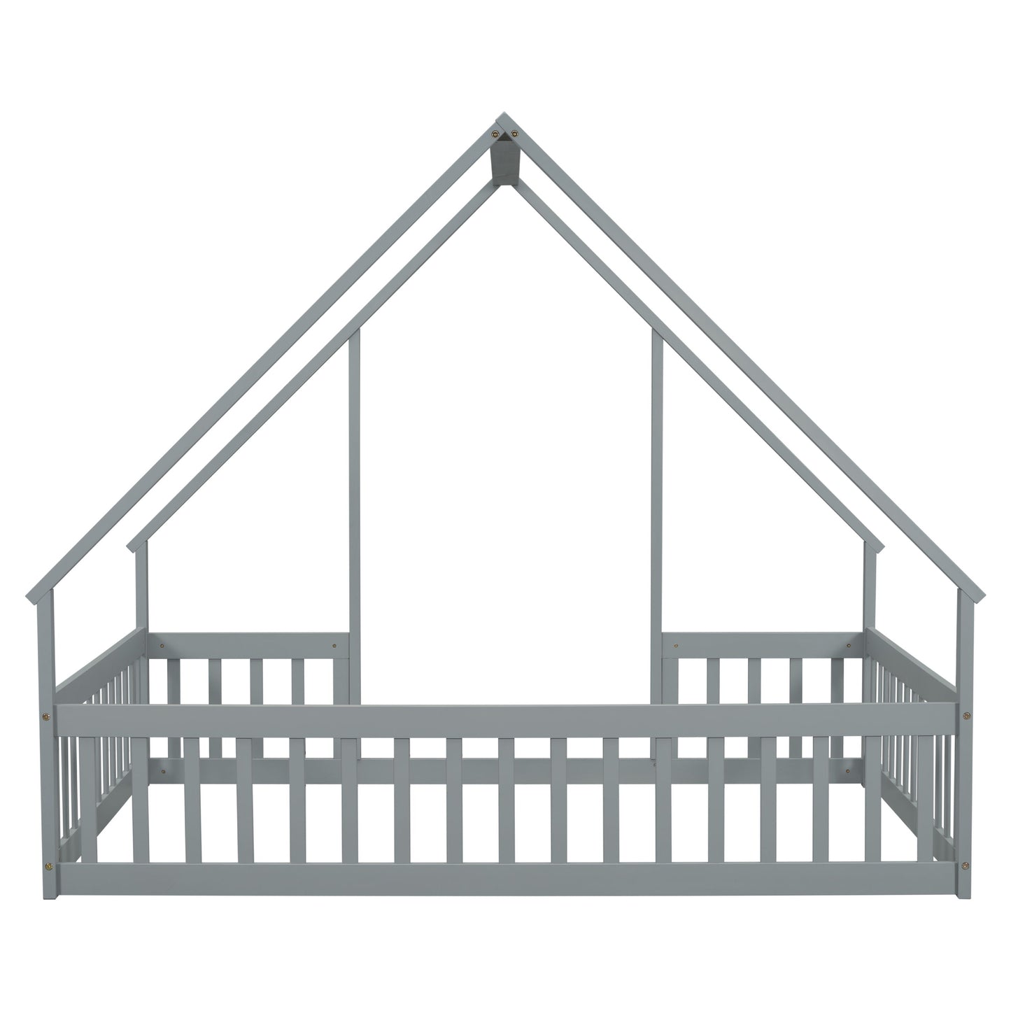 Full Wood House-Shaped Floor Bed With Fence, Guardrails - Gray