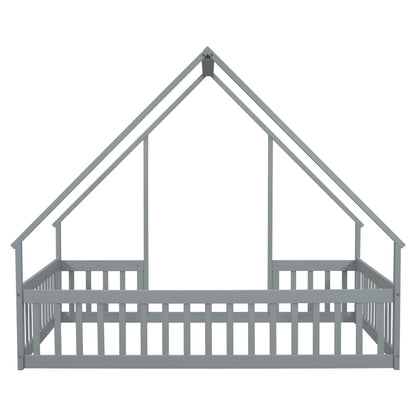 Full Wood House-Shaped Floor Bed With Fence, Guardrails - Gray
