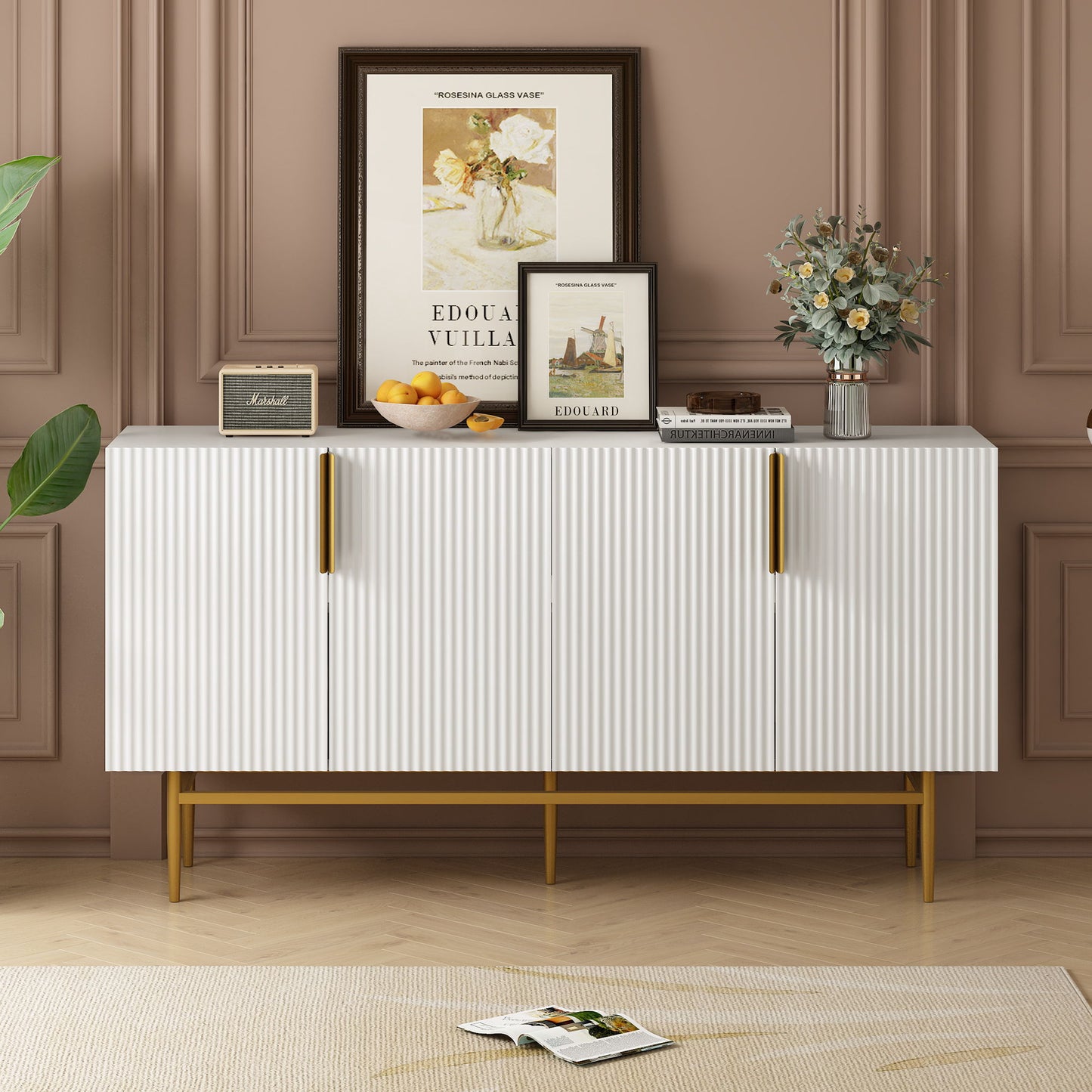 Modern Elegant 4 Door Sideboard Gold Metal Handle Buffet Cabinet For Dining Room, Living Room, Bedroom, Hallway - White